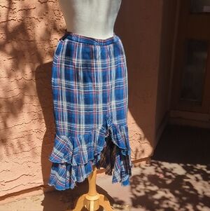 Reba Blue Plaid Asymmetrical Ruffle Midi Skirt